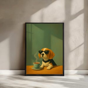 Beagle koffiebar Art Print, smaragdgroene hond poster voor keuken of café decor, grappig retro huisdier minnaar cadeau, fysieke print