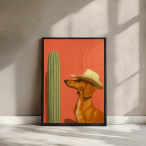 Dachshund Cowboy Art Print, Elegant Retro Oil Painting of Western Dog in Texas Desert, Rustic Wall Decor, Physical Print