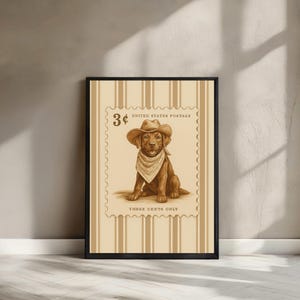 Cowboy Hund Kunstdruck, Vintage Stempel Western Wanddekor, rustikales gestreiftes Retro Haustier Poster für trendiges Geschenk, physischer Druck