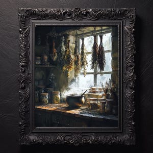 Impressão artística de boticário de bruxa, pôster de mesa de poções de ervas, decoração de bruxa Cottagecore, arte de parede de cozinha Dark Academia, impressão botânica mística