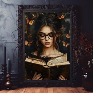 Plakat Feminine Scholar, wydruk Dark Academia Reading, Queen of Literature Art, dekoracja książki Boho, sztuka ścienna z poezją, estetyka Moody Library
