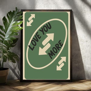 Impressão de arte de parede Love You More, pôster de carta de baralho verde, decoração retrô elegante para o Dia dos Namorados, arte estética feminina para sala, impressão física