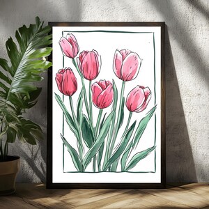 Lámina artística de peonías de verano, póster floral colorido y original dibujado a mano, arte mural de peonías brillantes, lámina de galería moderna, decoración vibrante para el hogar.