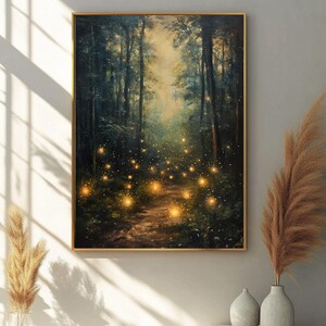 Impressão artística de vaga-lumes, decoração de parede de conto de fadas temperamental, estética da Academia Dark, pintura de fadas da floresta, pôster da natureza Cottagecore, prêmio físico