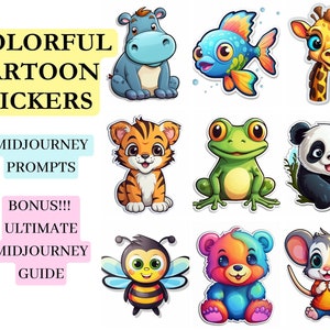 Animal Stickers, AI Midjourney Prompt, Cute Cartoon Animals, Midjourney AI Art, Customizable, Digital Download