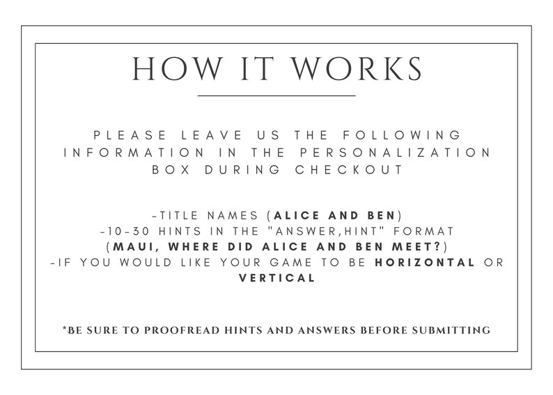 Custom Crossword Puzzle, Crossword Puzzle, Wedding Activity, Lawn Games