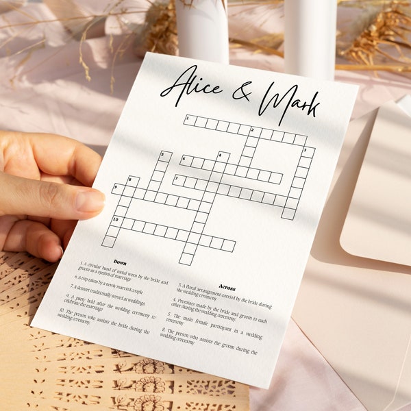 Custom Wedding Crossword Puzzle, Modern Personalized Bridal Shower Game, Custom Rehearsal Dinner Printable, Digital Delivery