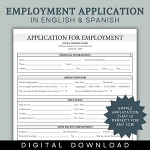 Peut inclure: Un formulaire de demande d'emploi à télécharger en anglais et en espagnol. Le formulaire comprend des sections pour les informations personnelles, les détails de la candidature, l'éducation et l'historique de l'emploi. Une étoile dit "Simple application that is perfect for any job!"