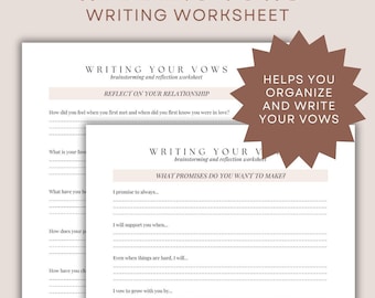 Könnte beinhalten: Ein digitaler Download-Hochzeitsgelübde-Arbeitsbogen. Der Arbeitsbogen enthält Aufforderungen, über die Beziehung nachzudenken und Gelübde zu schreiben. Der Text auf dem Arbeitsbogen enthält "Writing Your Vows" und "Reflect on Your Relationship."