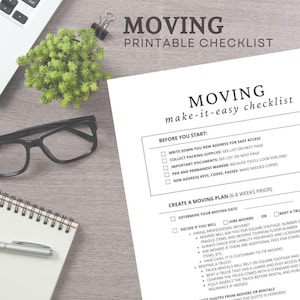 Könnte beinhalten: Eine druckbare Checkliste für den Umzug, mit einem schwarz-weißen Design. Die Checkliste enthält Abschnitte für "Bevor Sie beginnen" und "Erstellen Sie einen Umzugsplan (6-8 Wochen vorher)".