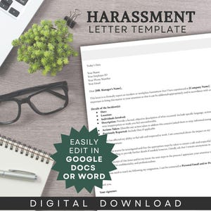 May include: A digital download of a harassment letter template. The document is on a white sheet of paper with the title "HARASSMENT LETTER TEMPLATE" at the top. The image includes a laptop, glasses, a pen, and a small plant.