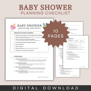 May include: Baby shower planning checklist with a brown starburst graphic that says "10 pages." The checklist includes sections for planning, ideas, and a digital download option. The text includes "Baby Shower Planning Checklist."