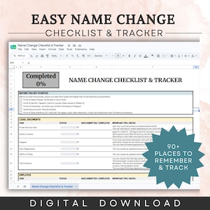 May include: A digital name change checklist and tracker spreadsheet with a completed 0% status box, sections for legal documents, and employer tasks. A teal starburst graphic on the right side displays the text 90+ PLACES TO REMEMBER & TRACK.