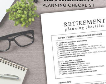 May include: A white document titled "RETIREMENT PLANNING CHECKLIST" with a list of documents to gather. The image includes a laptop, glasses, a notepad, a pen, and a small green plant. The words "DIGITAL DOWNLOAD" are at the bottom.