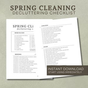 May include: A printable checklist for spring cleaning and decluttering. The checklist is divided into sections for different rooms of the house, including the living room, bedrooms, and kitchen. Each section includes a list of tasks to complete, such as dusting, vacuuming, and organising.