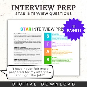 Puede incluir: Descarga digital para la preparación de entrevistas, con el método STAR para responder preguntas. La imagen incluye el texto "Interview Prep" y "STAR Interview Questions", una cita y un gráfico morado que dice "11 PAGES!"