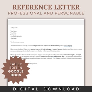 May include: A digital template for a reference letter, with a white background and black text. The document includes fields for the date, name, title, and contact details. The design features the text "REFERENCE LETTER PROFESSIONAL AND PERSONABLE".