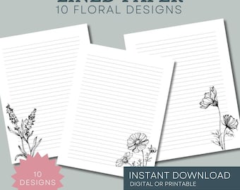 Notes Template Black and White Floral Lined Paper Printable Stationery Paper Notebook Paper Journal Paper Digital Download Stationary Paper