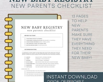 May include: A printable checklist for new parents to help them create a baby registry. The checklist includes a list of things to consider before starting, such as choosing a registry platform and baby's sleeping setup. It also includes recommendations for popular baby registry stores, such as Amazon, Target, Walmart, Buy Buy Baby, Pottery Barn Kids, Nordstrom, and Crate & Kids. The checklist is titled "New Baby Registry: New Parents Checklist" and includes the text "13 Pages to Help New Parents Make Sure They Have Everything They Need for Their New Baby!" and "Instant Download Digital or Printable".