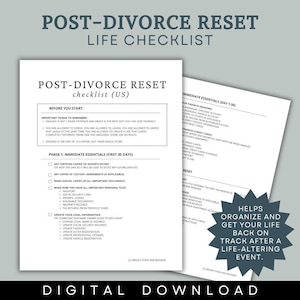 May include: A white paper document titled Post-Divorce Reset Checklist (US) featuring sections for immediate essentials, financial tasks, and personal records. A dark star-shaped graphic includes the text: Helps organize and get your life back on track after a life-altering event. Digital download.