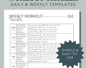 Weekly Fitness Log Printable Workout Tracker Workout Log Workout Planner Fitness Log Workout Journal Workout Printable Workout Template LOG