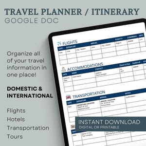 Digital Travel Planner Editable Travel Itinerary Travel Planner Template Simple Travel Itinerary Mobile Travel Document Google Doc TVLITIN01