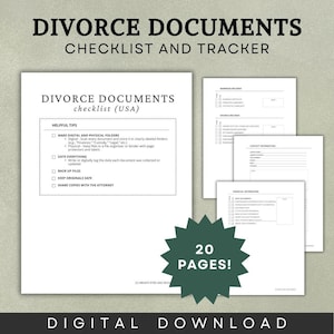 Op de afbeelding: Een digitale download van een checklist en tracker voor scheidingsdocumenten. De documenten bevatten een checklist, handige tips en formulieren voor huwelijksakten, scheidingsakten, contactgegevens en financiële informatie. De afbeelding toont 20 pagina's.