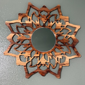 Rustic Wooden Mandala Mirror – Handcrafted Boho Wall Decor | Laser Cut Geometric Sunburst Accent for Living Room, Entryway, or Bedroom
