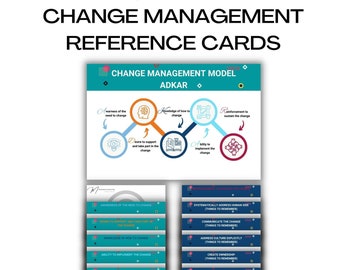 May include: A set of four blue and white reference cards with the title "Change Management Reference Cards". The cards contain information about the ADKAR model, which is a framework for managing change. The cards also include information about the stages of change and how to effectively communicate change.