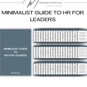 May include: A minimalist design featuring a book and several booklets. The book and booklets are a muted teal color. The text on the book reads "MINIMALIST GUIDE TO HR FOR LEADERS". The top text reads "MINIMALIST GUIDE TO HR FOR LEADERS".