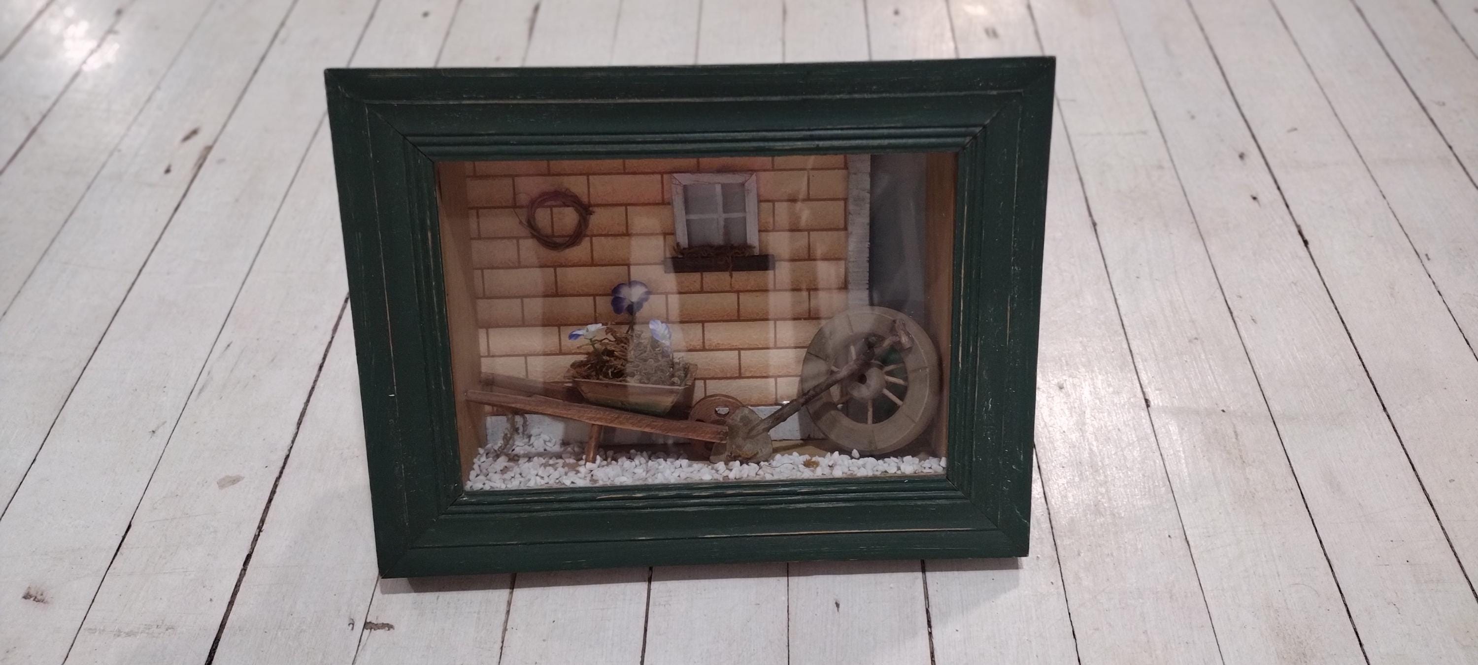 Vintage Shadow Box Picture, Wheel Barrow, Wheel Barrel, Shovel
