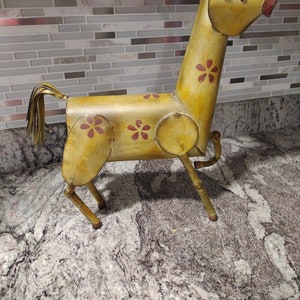 Vintage Metal Folk Art Retro Horse, Yellow, Red, Flower