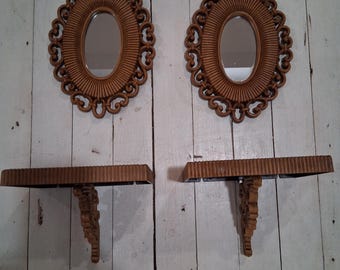Vintage 1970s faux wicker oval mirrors and shelving sets, Homco, Home Interior, Wall Decor