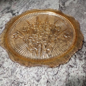 Jeanette Iris and Herringbone Iridescent Marigold 9&quot; Plate Carnival Glass, Jeannette, Peach Lustre, Depression Glass, Orange, Gold, Flowers