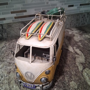 Vintage Volkswagen Model Van Camper With Surfing Accessories, Die Cast, gift, metal, figurine