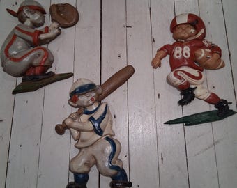 Vintage 1976 HOMCO Metal Football, Baseball,  Sports Players Boy's Room Decor Wall Art Plaque