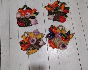 Vintage 1960s Homco Chalkware Set of 4 Vegetable Baskets Wall Hangings