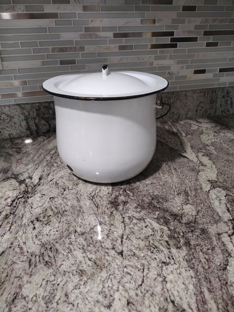Vintage White Enamel Stock Pot Kitchen Lidded Pot Etsy