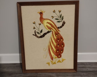 Vintage Large Embroidery Framed Picture of Peacock