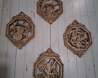 Vintage set of 4 Homco Syroco Musical Instruments Wall Decor Plaques in a gold Hollywood Regency style