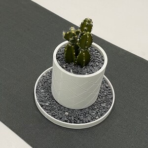 May include: A white ceramic planter with a geometric pattern holds a small cactus plant. The planter is sitting on a gray stone coaster.