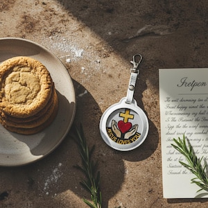May include: A white leather keychain with a silver clasp, featuring a design with a red heart, a gold cross, and the text "JESUS LOVES YOU". Beside it, a stack of cookies on a plate and a handwritten card.