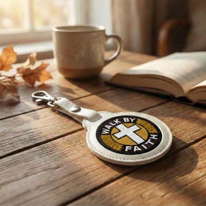 May include: White leather keychain with the embroidered text "WALK BY FAITH" surrounding a white cross on a gold and black background. The keychain is on a wooden surface with a coffee mug and an open book in the background.