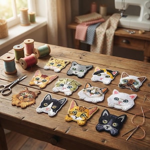 May include: Embroidered cat face patches in a variety of colours and patterns, displayed on a wooden surface. The patches showcase detailed stitching and different cat breeds. Sewing supplies, including thread spools and scissors, are also visible.