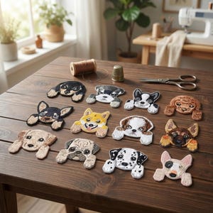 May include: Embroidered dog patches in a variety of breeds, such as a Dalmatian, pug, and terrier. Each patch features detailed stitching and a unique colour palette, displayed on a wooden surface. These patches are suitable for adding to clothing or accessories.