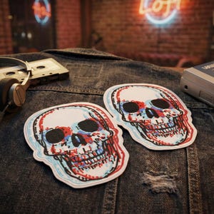 May include: Two white skull patches with red, blue, and black details. The patches have a 3D effect and are placed on a dark denim jacket. The background includes a cassette tape, headphones, and a neon sign.