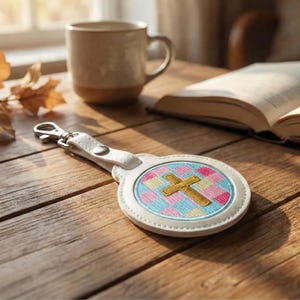 May include: A white leather keychain with a silver clasp. The round pendant features an embroidered gold cross on a pastel plaid background. A coffee mug and open book are in the background on a wooden table.