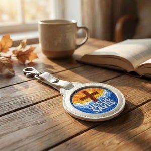 May include: White leather keychain with a round emblem featuring a cross, sun, and ocean design. The text "JESUS SAVES" is embroidered in blue. The keychain is on a wooden surface.
