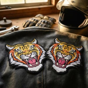 May include: Two embroidered tiger head patches with orange, yellow, and white details, on a black leather jacket. The tigers have open mouths with pink tongues. A vintage motorcycle helmet and gloves are in the background.