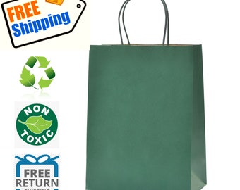 Green Paper Gift Bags with Handle: Medium Size. Great bags for Customization, Gift, Shopping, Party Favor, Treats, Goodies, Tchotchke